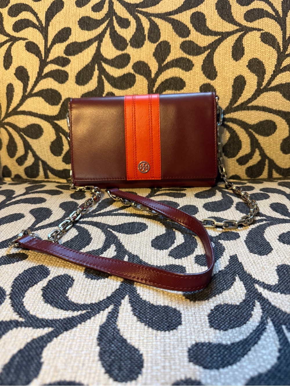 Tory Burch Burgundy Leather Crossbody with Orange Stripe